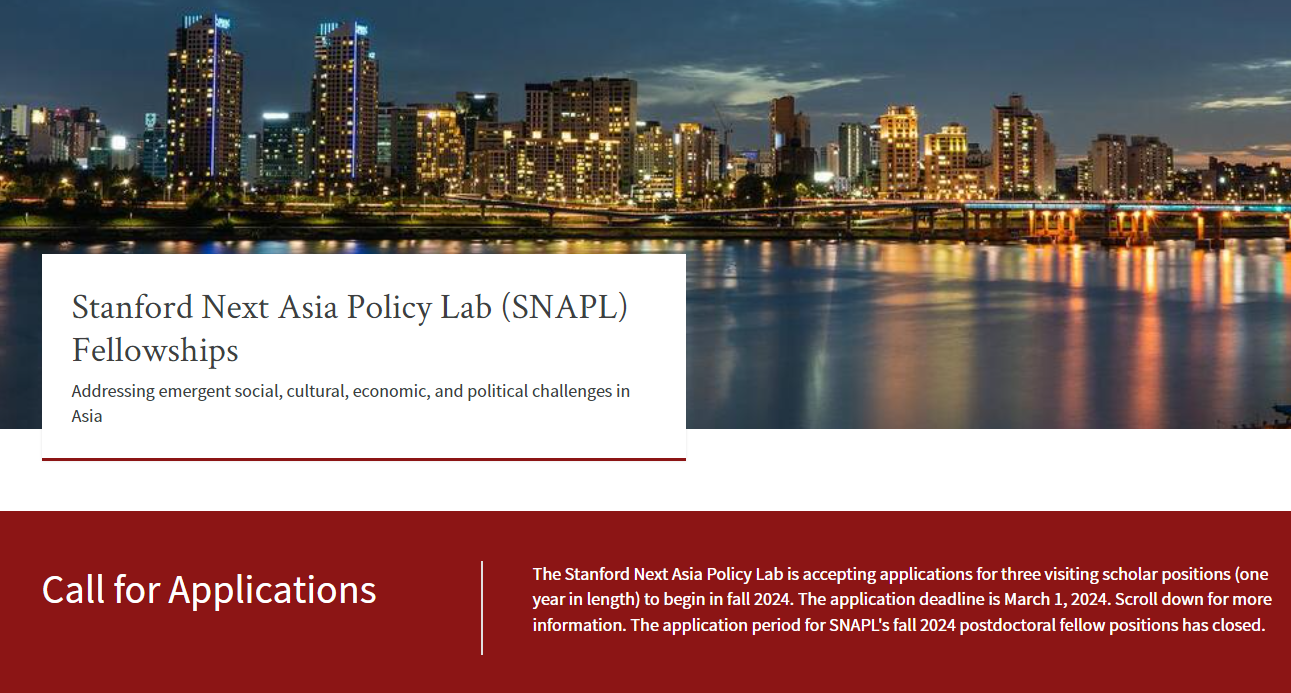 Stanford Next Asia Policy Lab (SNAPL) Fellowships for Global Scholars, USA 2024